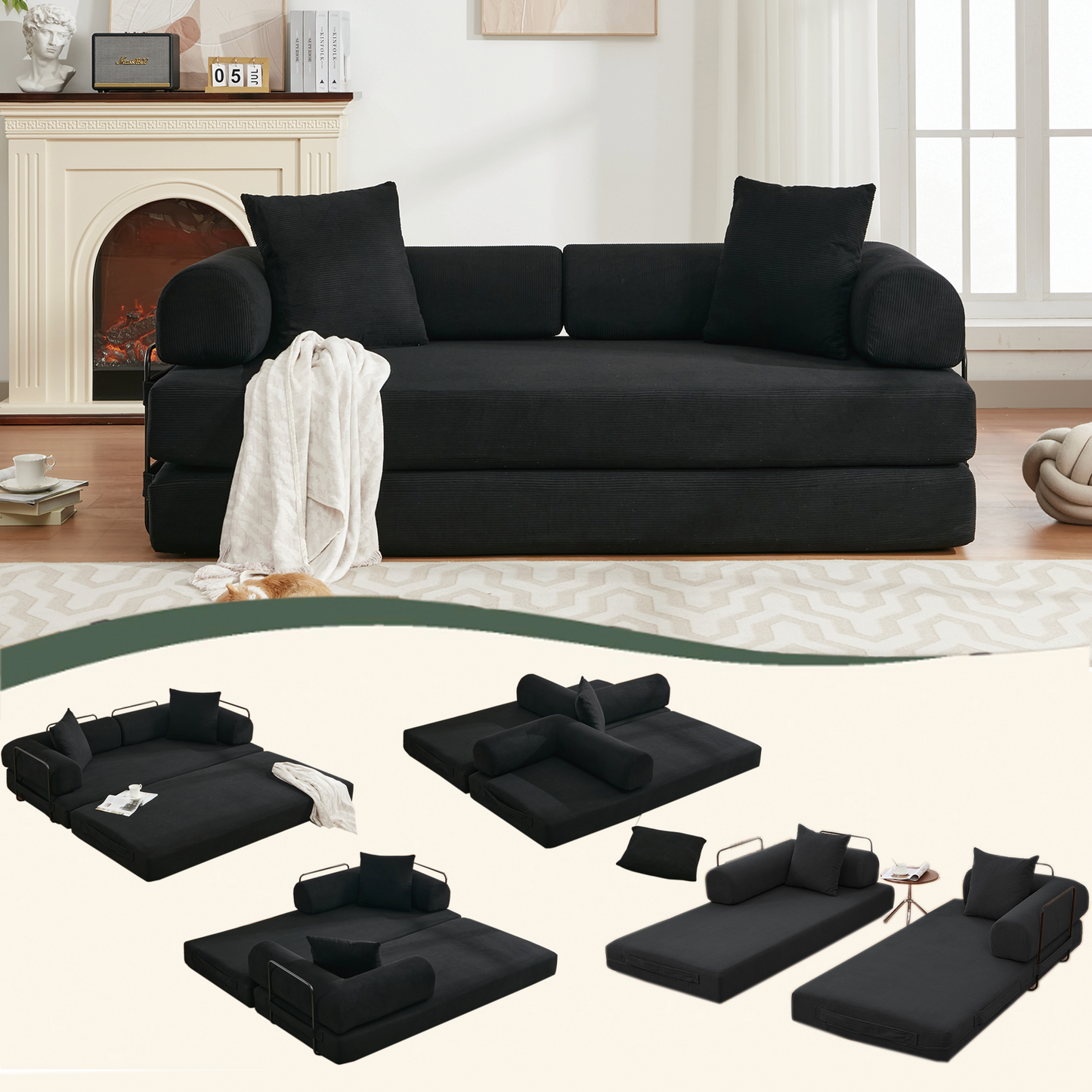 NEW  78.5' Folding Convertible Out Sleeper Sofa Bed,4-in-1 DIY Combination Convertible Sofa,3 seat, Folding  Sofa, King Size , Bedroom,Apartment,Corduroy,Black