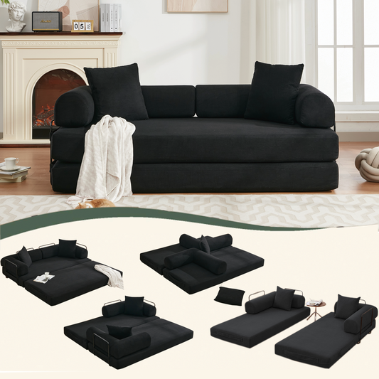 NEW  78.5' Folding Convertible Out Sleeper Sofa Bed,4-in-1 DIY Combination Convertible Sofa,3 seat, Folding  Sofa, King Size , Bedroom,Apartment,Corduroy,Black
