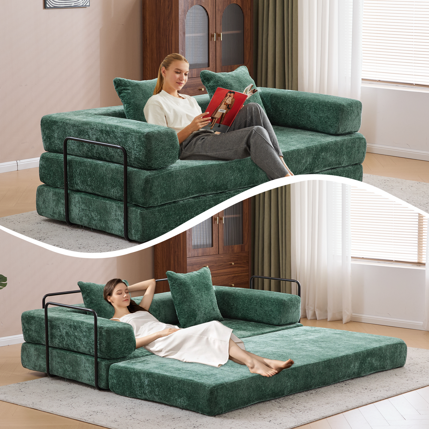 NEW Dark Green Chenille Fabric Floor Compression Convertible Sofa Bed