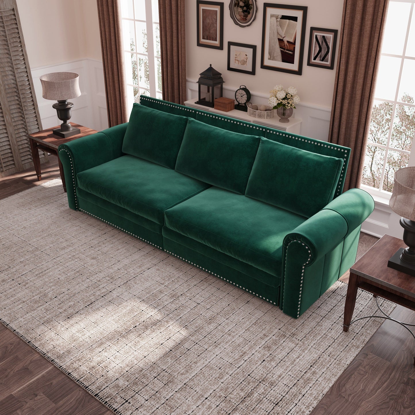 NEW 93.7' Green King 3-in-1 Velvet Convertible Sleeper Pull Out Sofa Bed with Nailhead Trim & Rolled Arm, Multi-Functional Sofa Bed