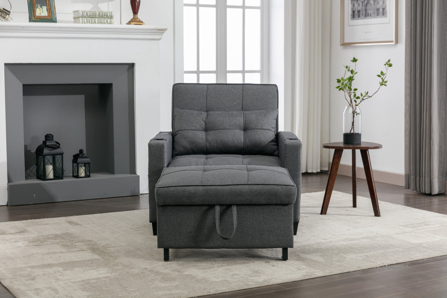NEW Dark Grey Linen Futon Bed Convertible Chair 3-in-1 Pull Out Sleeper