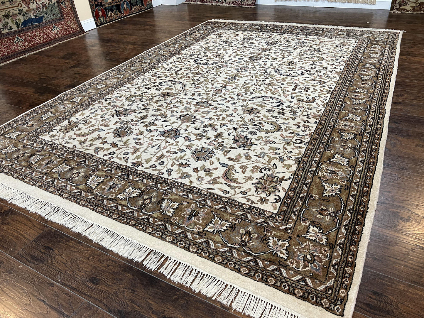 USED Indo Kirman Rug 8x12 Allover Floral Design, Ivory/Cream Brown, Vintage Handmade Hand Knotted Rug, Traditional Wool Persian Carpet 8 x 12