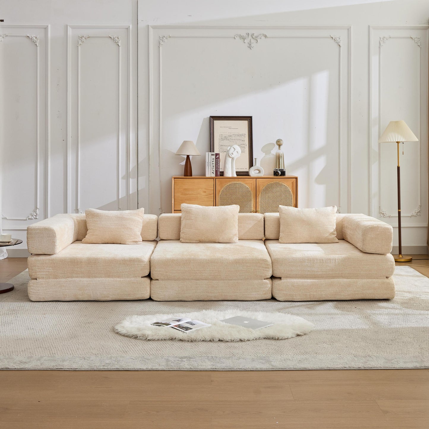 NEW Beige Chenille Fabric Boneless Modular Sectional Sofa Compression Convertible Floor Couch Bed with Fixed-Shape Frame