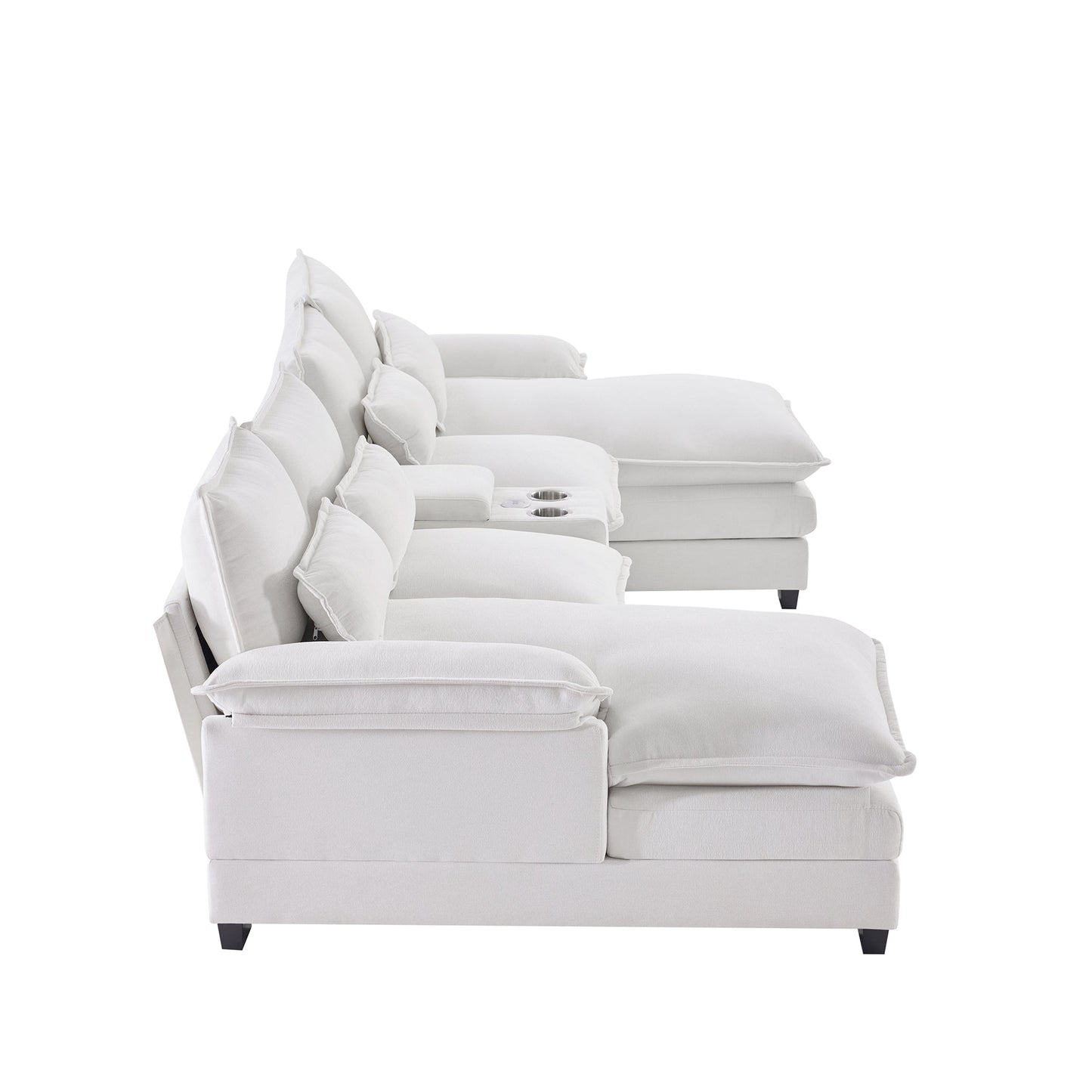 NEW Modern Chenille White 6-seat Upholstered U-shaped Sofa with Console Cupholders & USB Ports