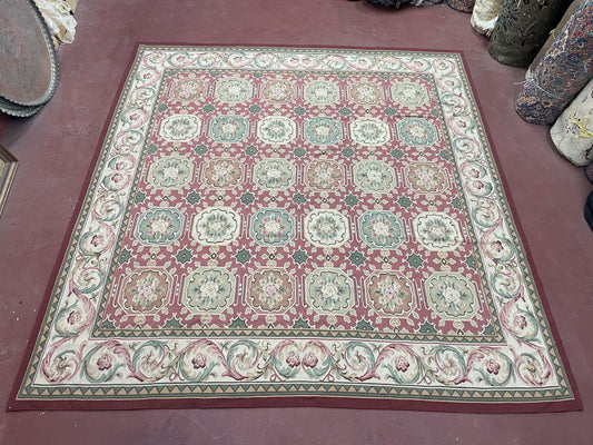 USED Square Aubusson Rug 9x9, Panel Design, European French English Carpet, Wool