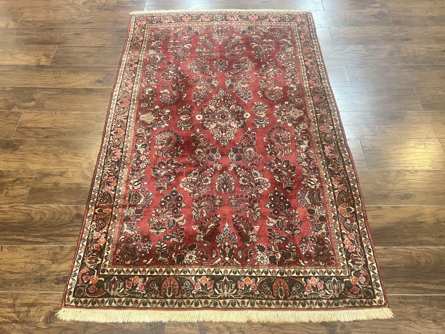 USED Antique Persian Sarouk Rug 4x7, Hand Knotted Wool Red Persian Carpet, Floral