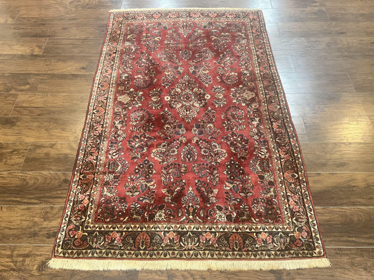 USED Antique Persian Sarouk Rug 4x7, Hand Knotted Wool Red Persian Carpet, Floral