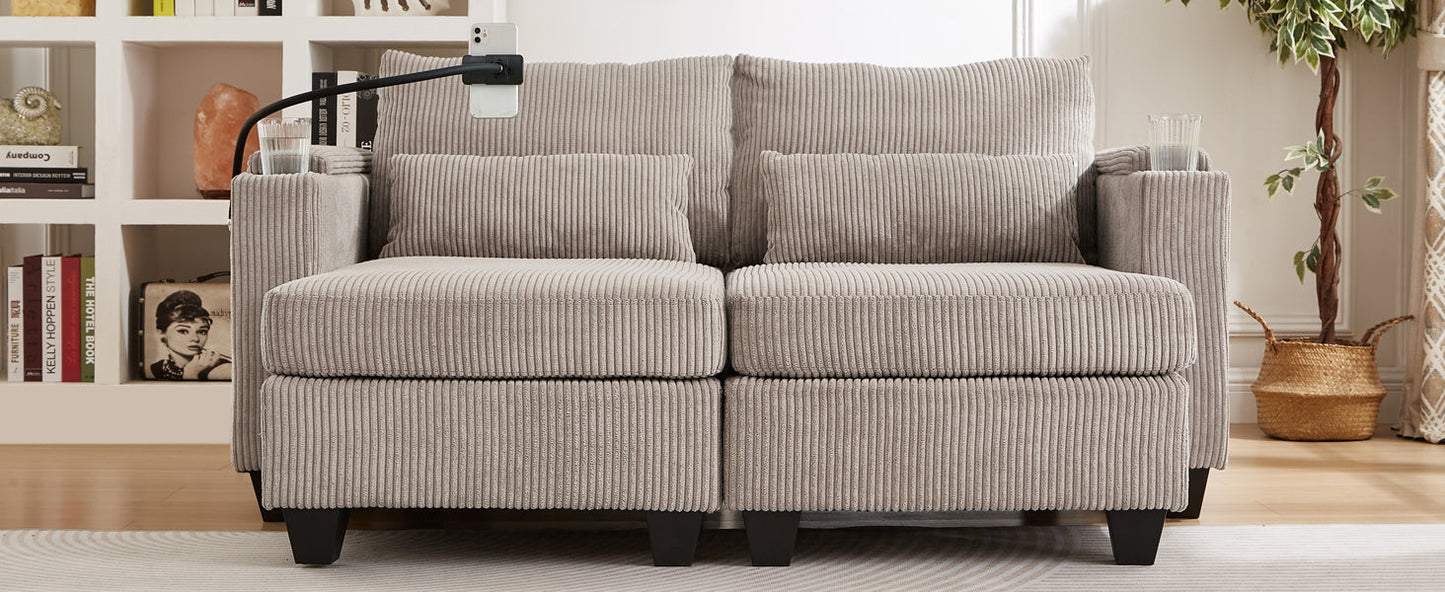 NEW Convertible Chaise Lounge 63' Loveseat Sofa Bed with USB Ports, Cup Holders, Phone Holder, Storage, Brown Corduroy