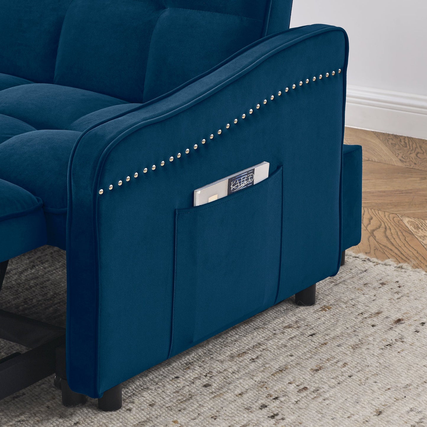 NEW Blue Copper Nail Loveseat Sofa Bed with Pull-out Bed with Adjustable Back Two Arm Pocket TypeC and USB Charging