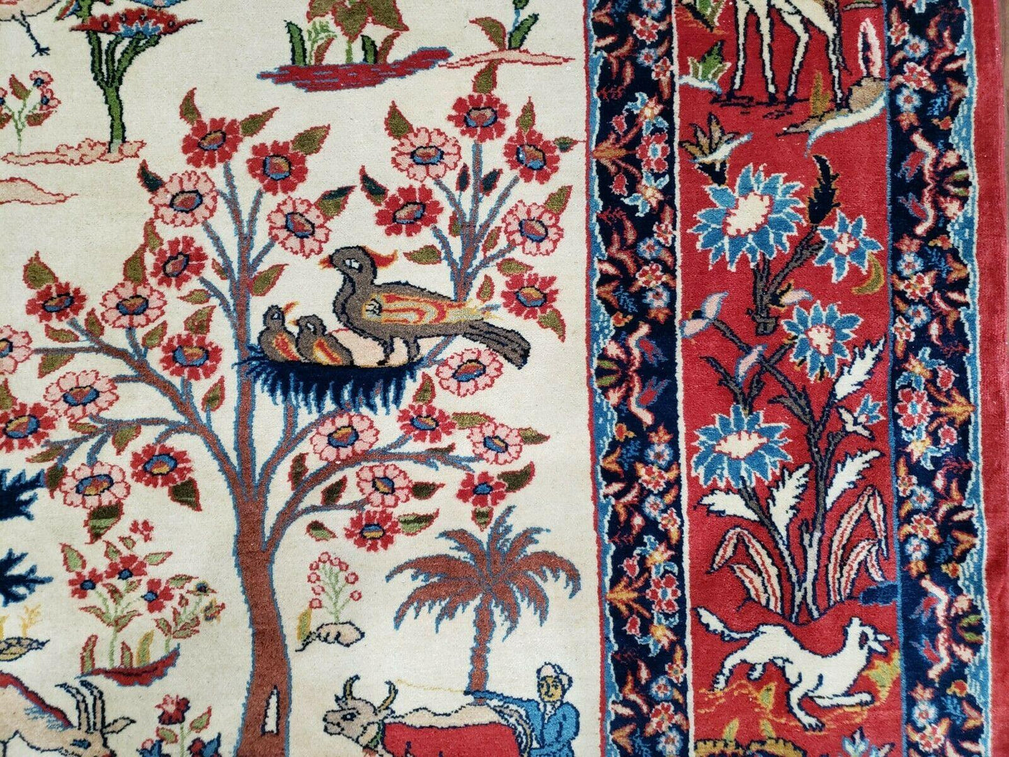 USED Antique Persian Isfahan Rug 5x7, Animal and Human Pictorials, Hand Knotted Fine Oriental Wool Carpet, Cream and Red, High KPSI, Vintage Rug 5 x 7 ft