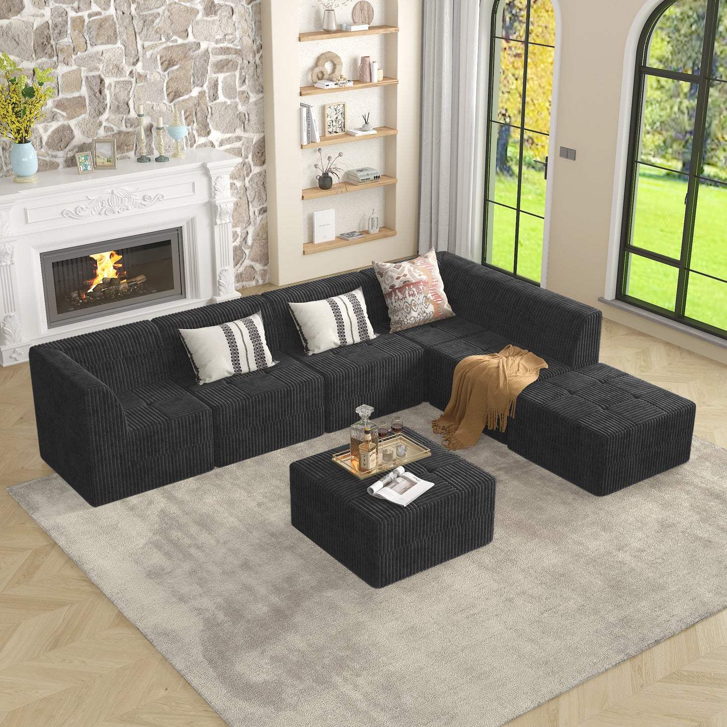 NEW Foam Black Upholstered Modern Minimalist Corduroy Corner Sofa Sleeper Couch