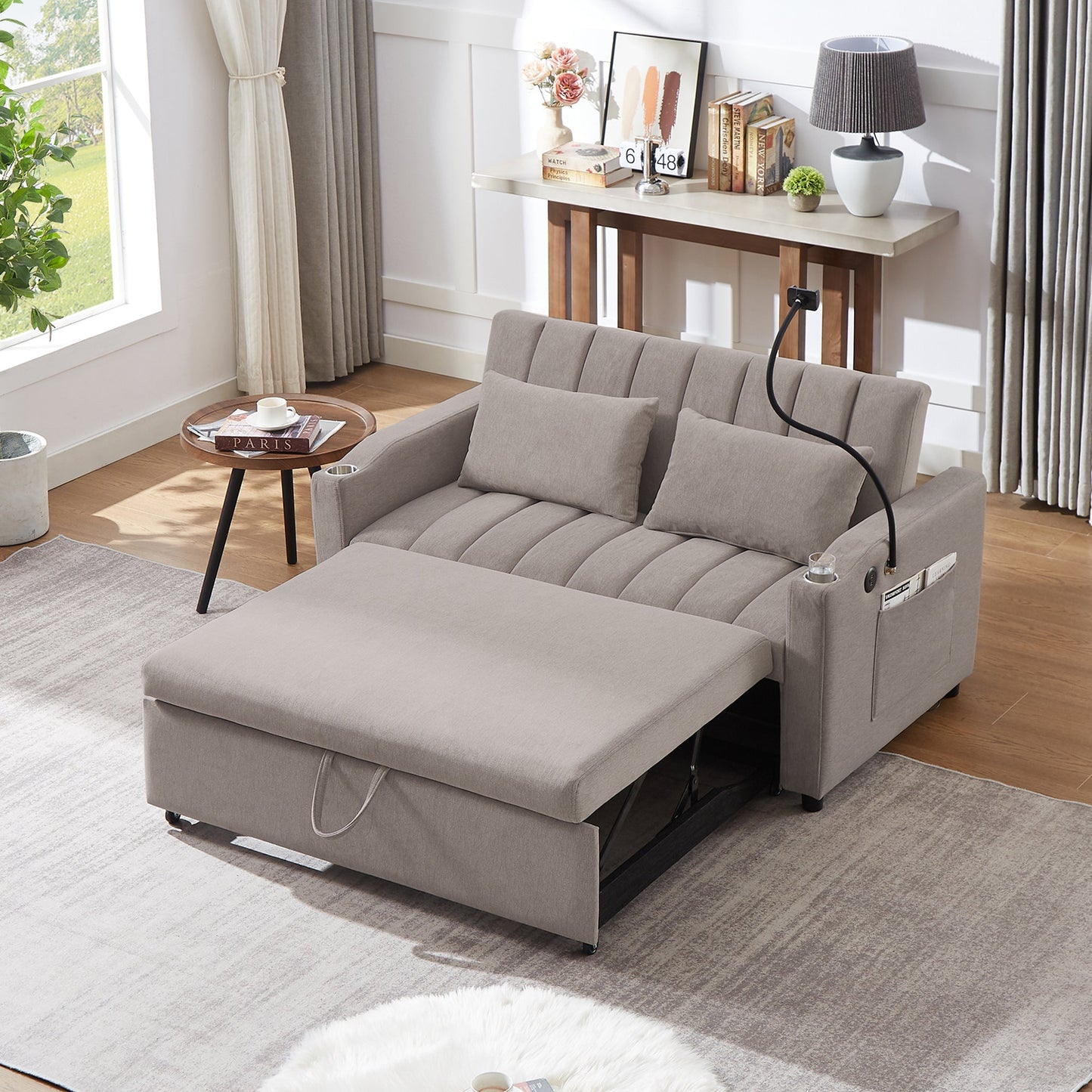 NEW Convertible Sofa Bed Loveseat with USB Ports, Side Pockets, Cup Holders & Swivel Phone Holder, Light Grey Bella Fabric