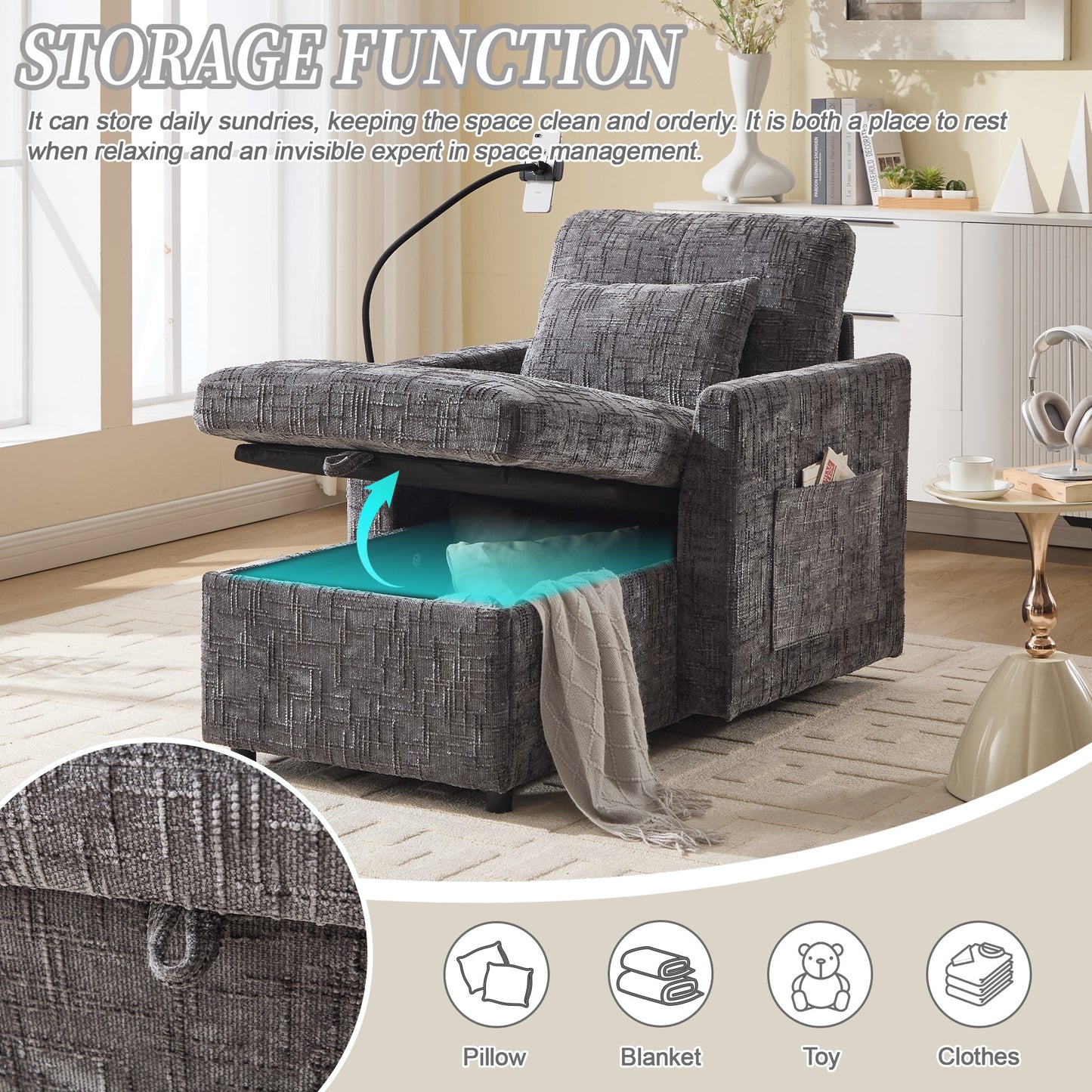 NEW Multifunctional Recliner with Storage Backrest and Cell Phone Bracket in Gray Chenille for Living Room and Bedroom