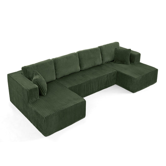 NEW Modern Minimalist U Shape Modular Sectional Sofa Sleeper in Green Corduroy with Foam Filling