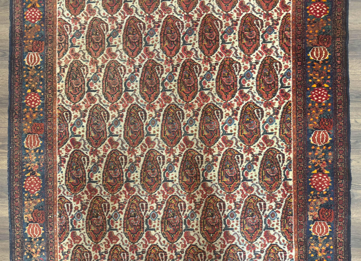 USED Antique Persian Kurdish Senneh Rug 4.6 x 6.5, Repeated Paisely Boteh Design, Handmade