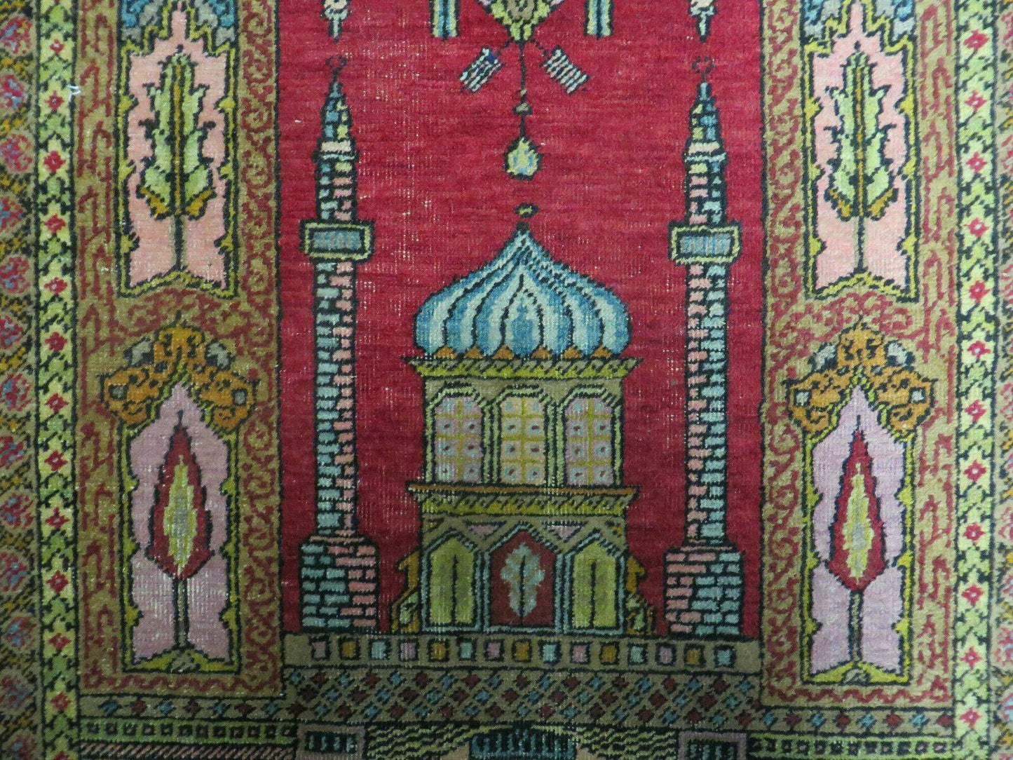 USED 4' X 6' Antique 1920s Handmade Turkish Mehrab Design Wool Rug Lantern Beautiful