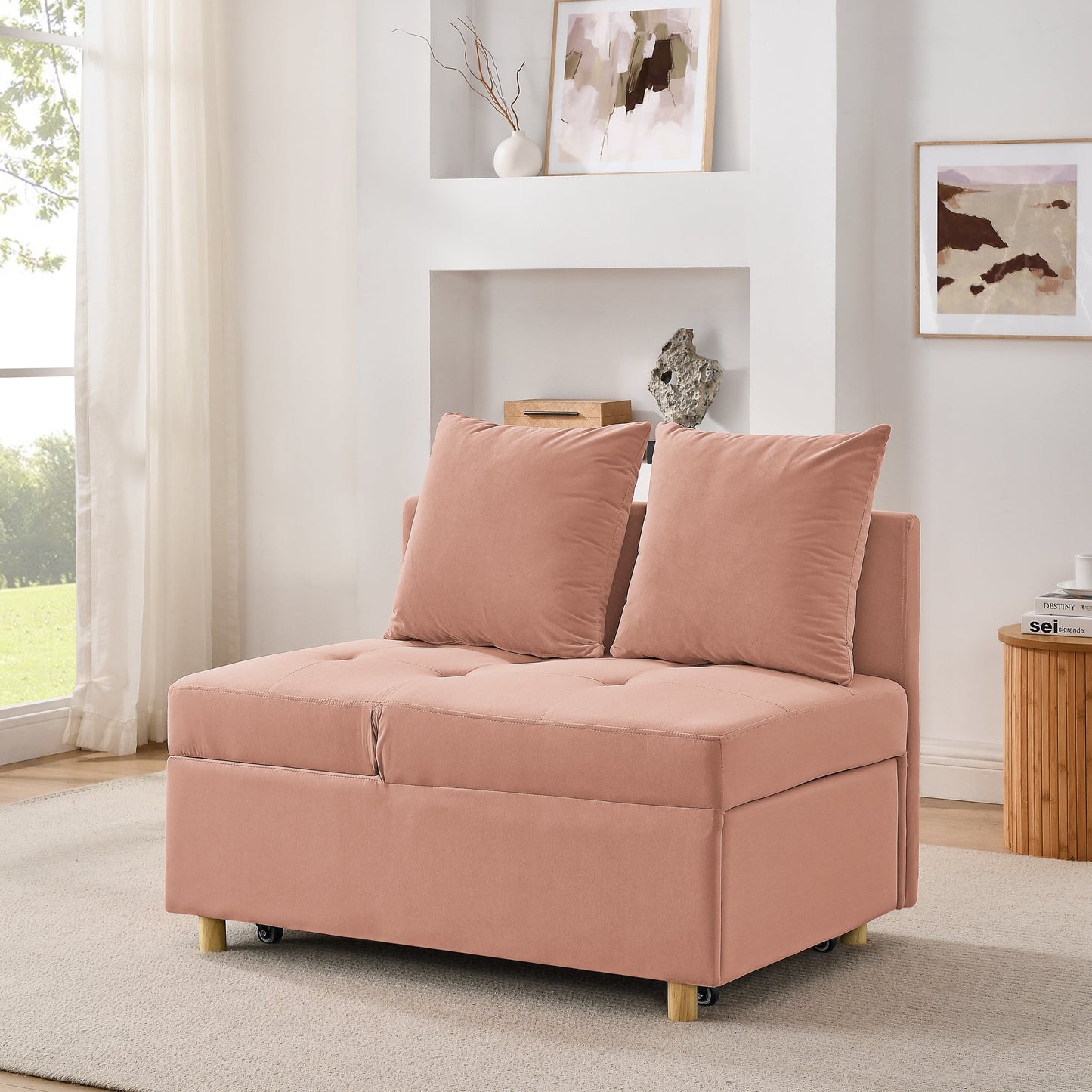 NEW Modern Linen Pink Fabric Convertible Sleeper Sofa Chair Adjustable Backrest Recliner with Pullout Couch Bed with Wheels