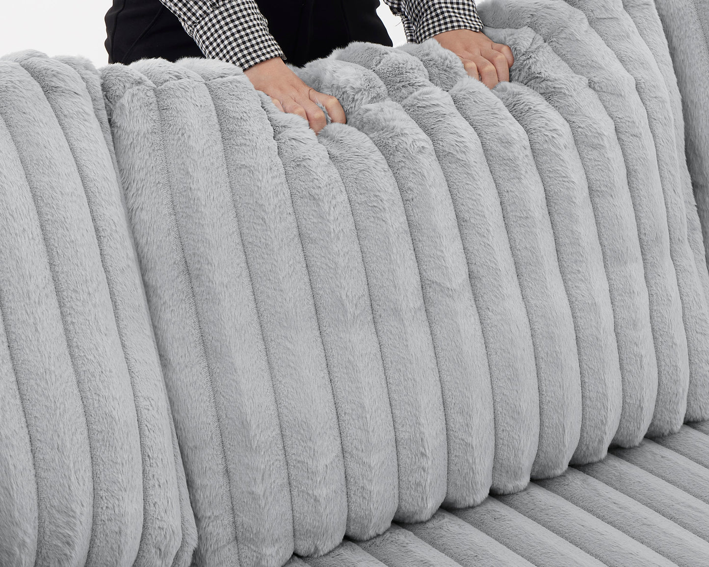 NEW Rabbit Plush Grey Corduroy Fabric Oversized Pull Out U Shaped Sleeper Sectional Sofa Bed Couch with Double Storage Chaise