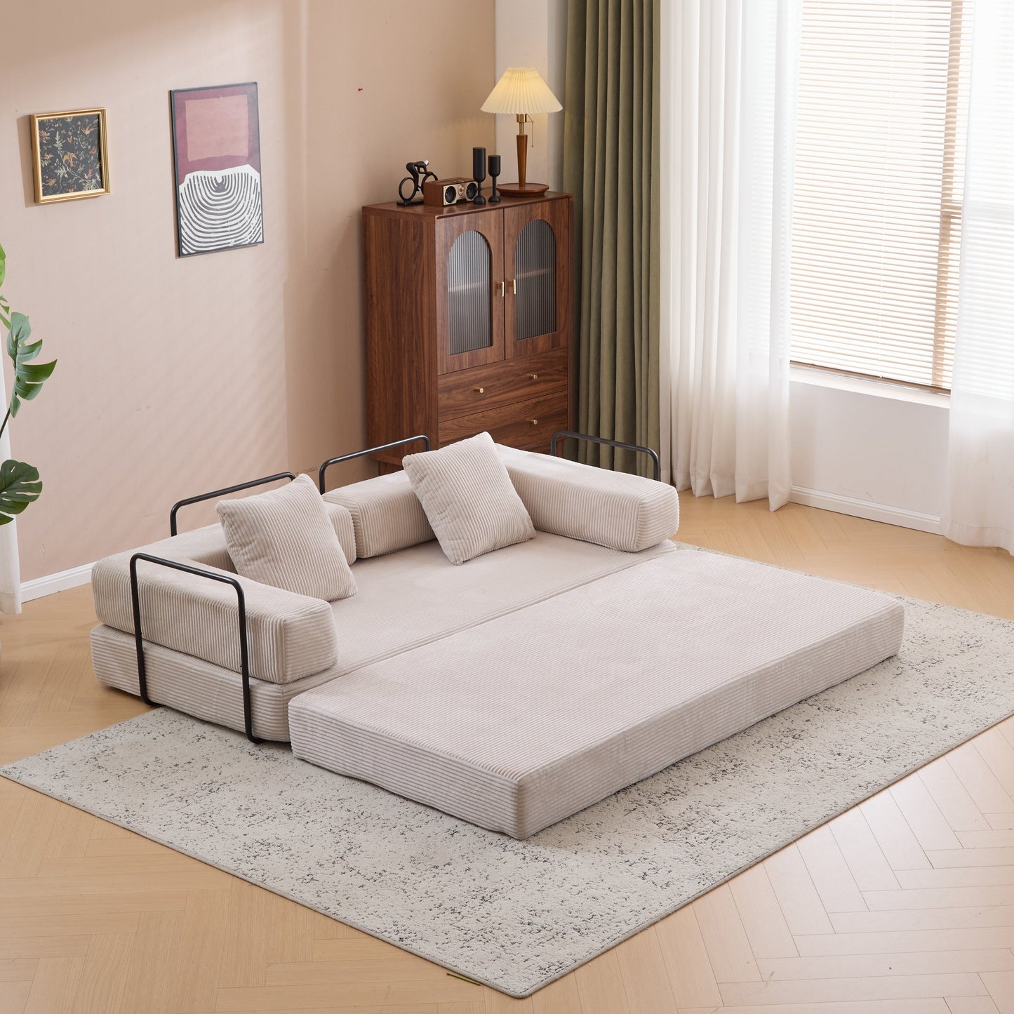 NEW Floor Compression Convertible Comfy Futon Lounge Sleeper Bed Floor Couch Sofa Bed with Pillow Back Support Armrest in Light Gray Corduroy Fabric