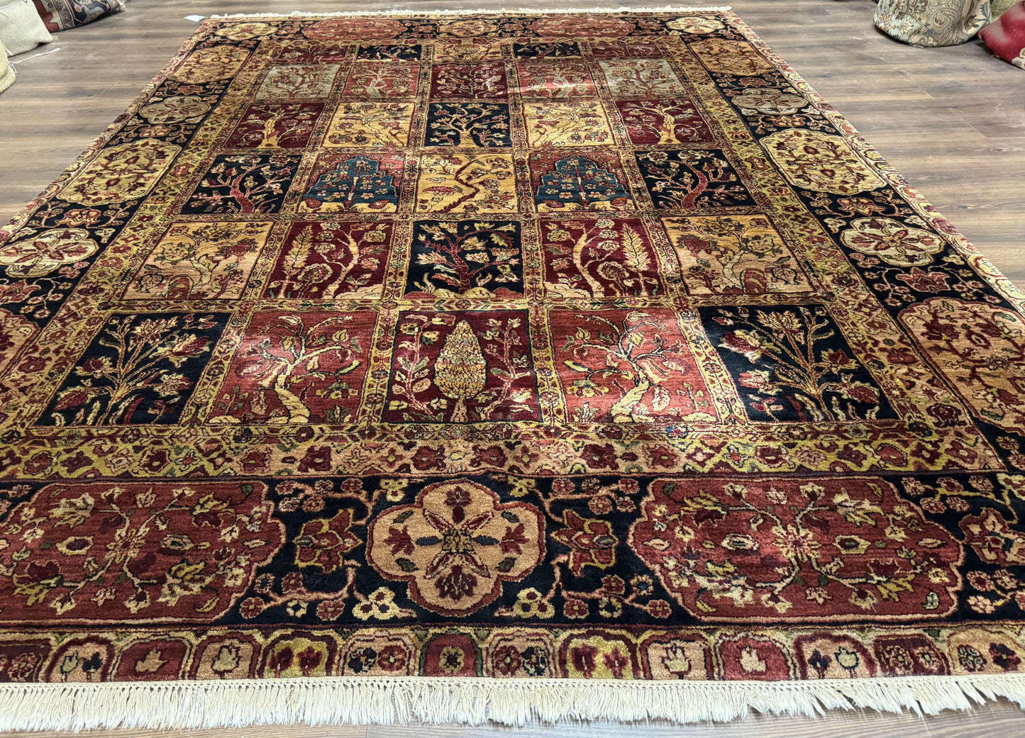 USED Indo Persian Rug 9x12, Bakhtiari Panel Design, Multicolor, Soft Wool Pile