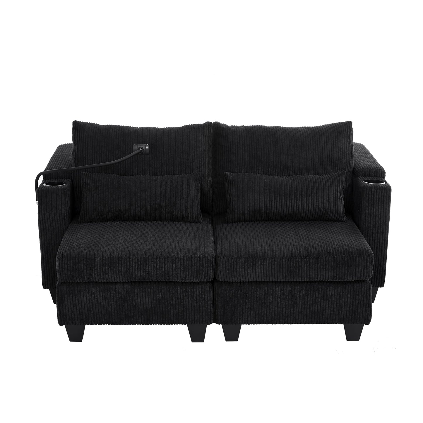 NEW Convertible Chaise Lounge 63' Loveseat Sofa Bed with USB Ports, Cup Holders, Phone Holder & Storage, Black Corduroy