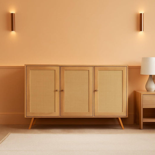 NEW Natural Finish Buffet Cabinet Pair With Rattan Doors