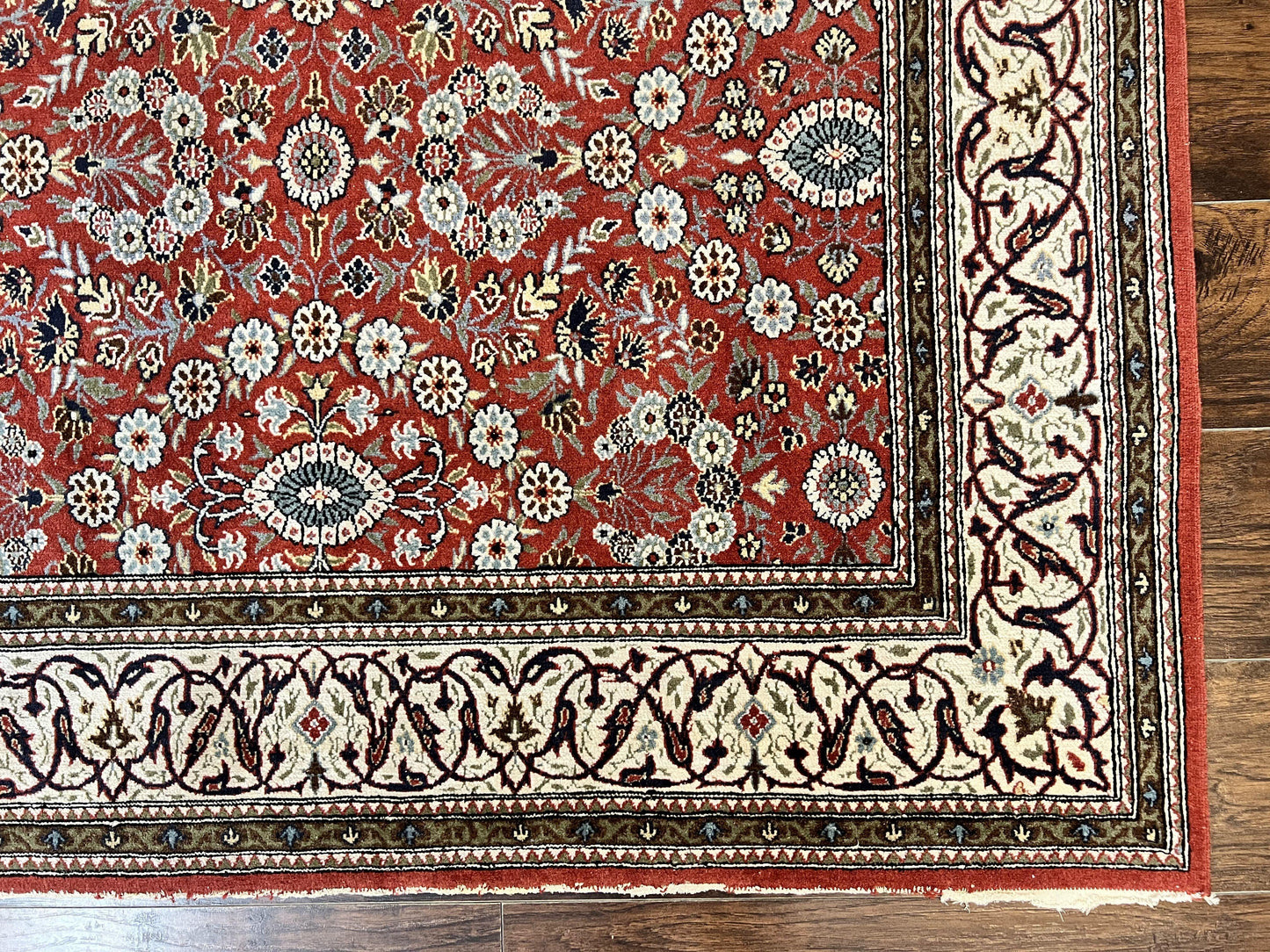 USED Red Persian Qum Rug 5 x 7.6, Hand Knotted Vintage Wool Fine Carpet 270 KPSI, Floral Allover