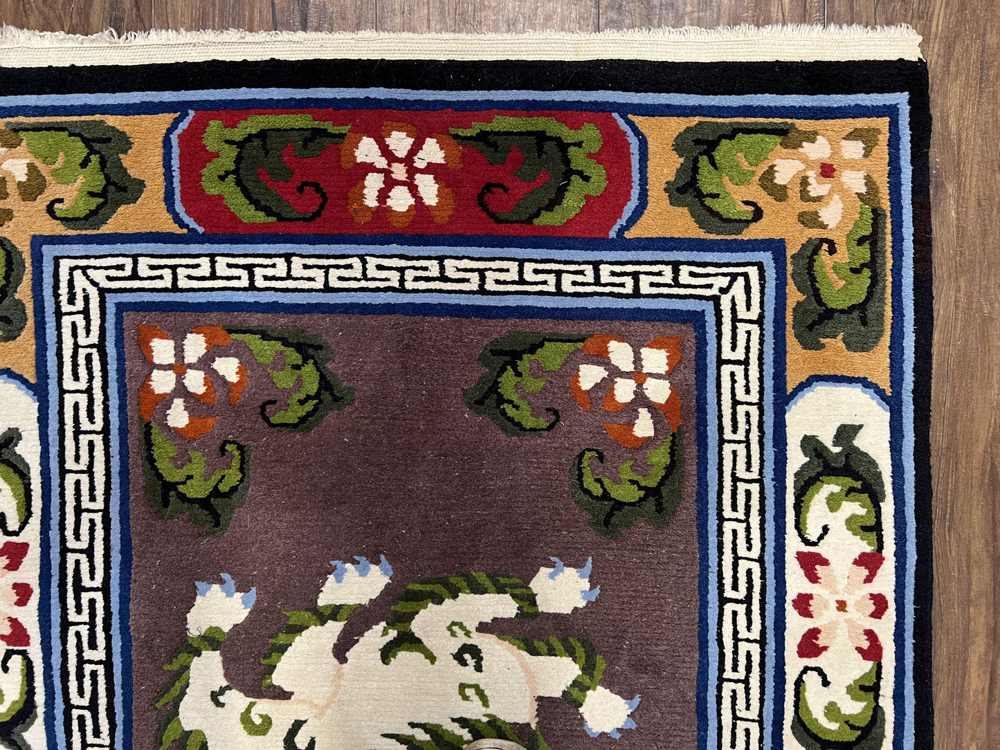 USED Chinese Art Deco Rug 3 x 5.5 with Animal Pictorials, Vintage Chinese Peking Wool Area Rug, Dark Puce Maroon Ivory, Hand Knotted Soft Carpet