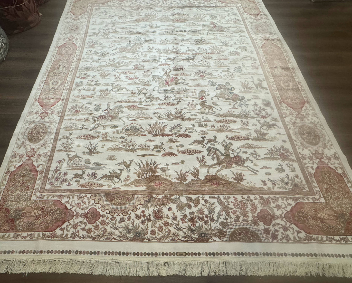 USED Large Turkish Silk Rug 8x10, Ivory, Hunting Design, Bamboo Silk, New