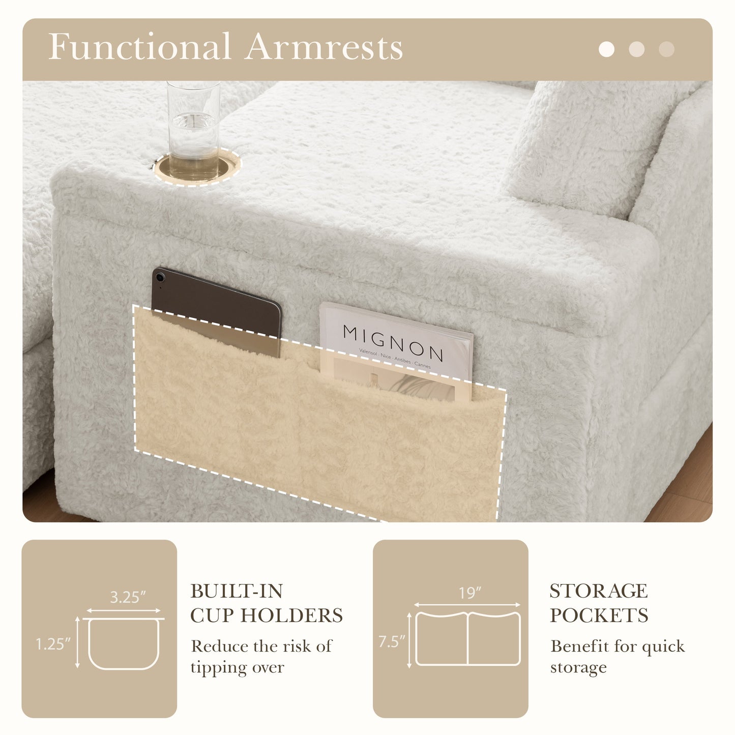 NEW Luxurious Faux Rabbit Fur Oversized Chaise Lounge Sofa Bed with Storage Ottoman Armrests and Cup Holders