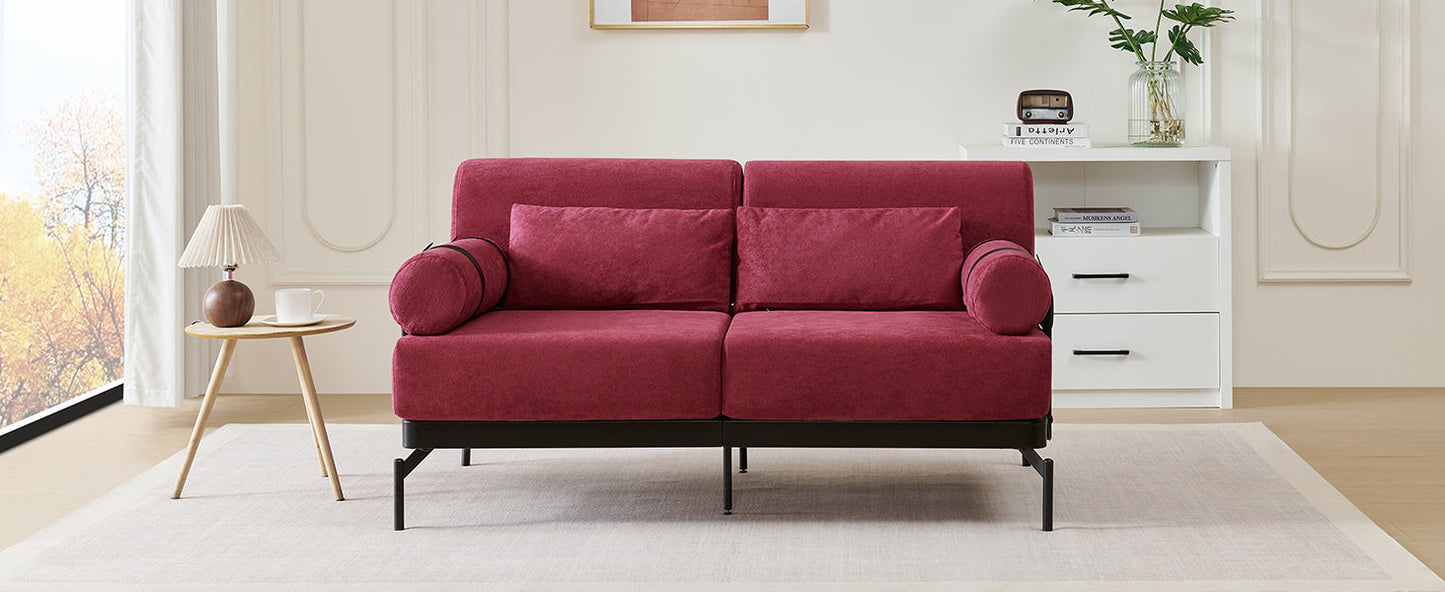 NEW Modern Red Chenille Loveseat 59' Sofa Couch 2-Seater with USB Ports Unique Cylindrical Armrests