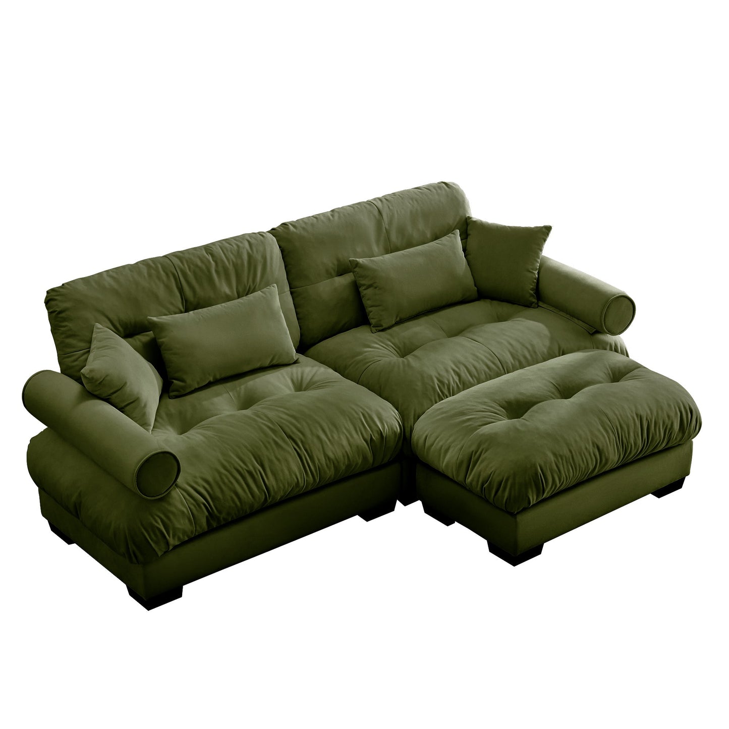 NEW Modern Oversized Velvet Two-Seater Sofa with Ottoman and Round Bolster Armrests in Olive Green