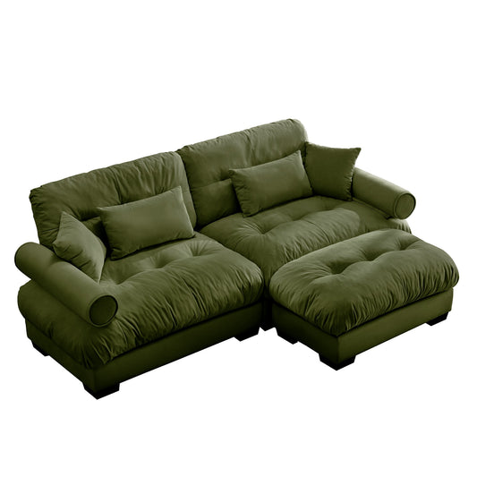 NEW Modern Oversized Velvet Two-Seater Sofa with Ottoman and Round Bolster Armrests in Olive Green