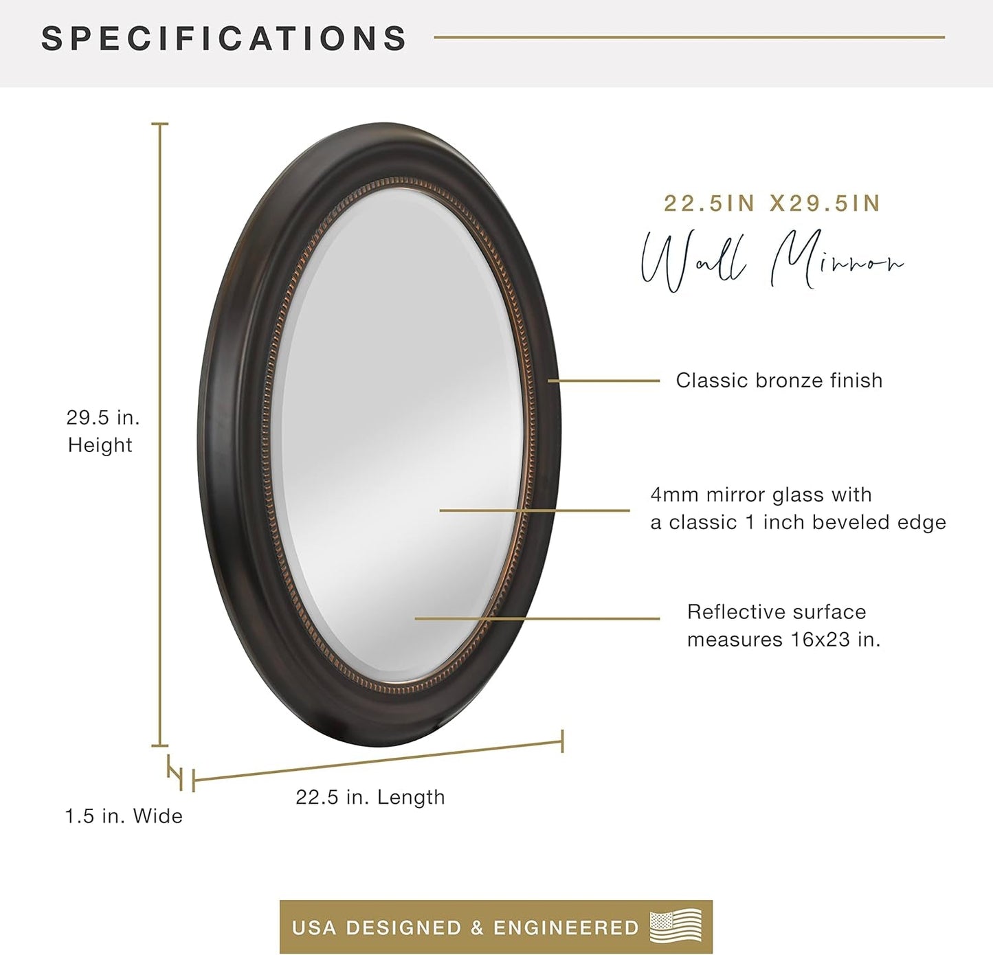 NEW Bronze Oval Wall Mirror 22.5 By 29.5 Inches With Beaded Inner Edge Vertical Or Horizontal Mount