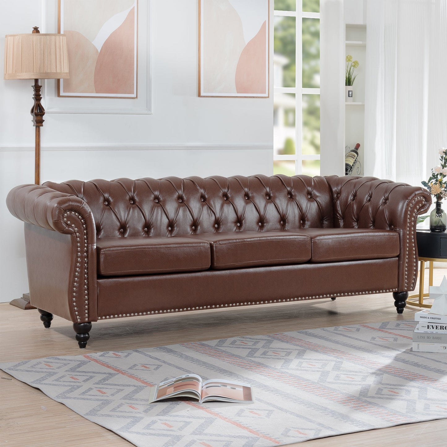 NEW Dark Brown PU Rolled Arm Chesterfield Three Seater Sofa
