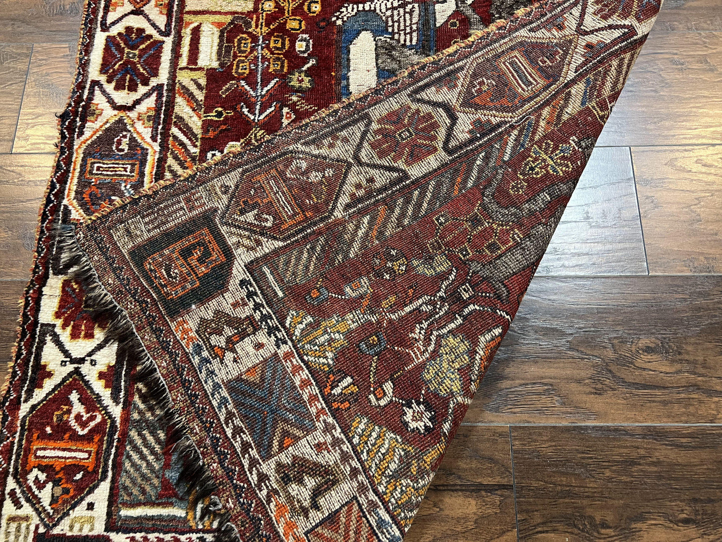 USED Antique Persian Shiraz Pictorial Rug 3.6 x 5, Persian Tribal Rug, Handmade, Lions, Highly Unique Collectible Small Persian Carpet, Maroon, Wool