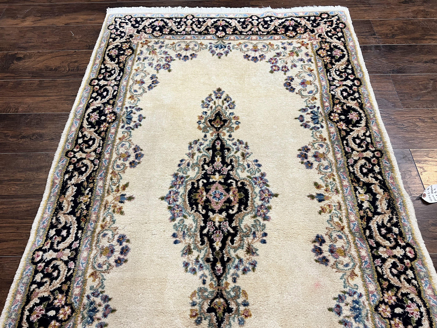 USED Persian Kirman Rug 4x7, Wool Hand Knotted Antique Carpet, Beige, Semi Open Field Medallion Rug, Traditional Handmade Oriental Rug