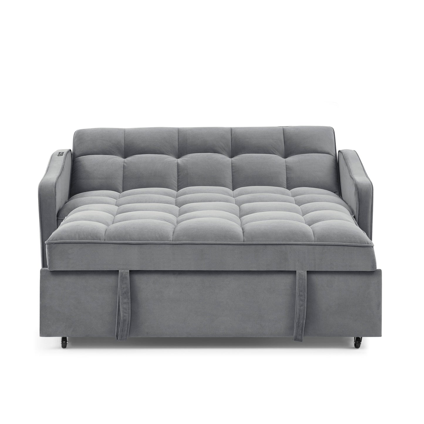 NEW Grey Copper Nail Loveseat Sofa Bed with Pull-out Bed Adjustable Back and Two Arm Pocket TypeC USB Charging