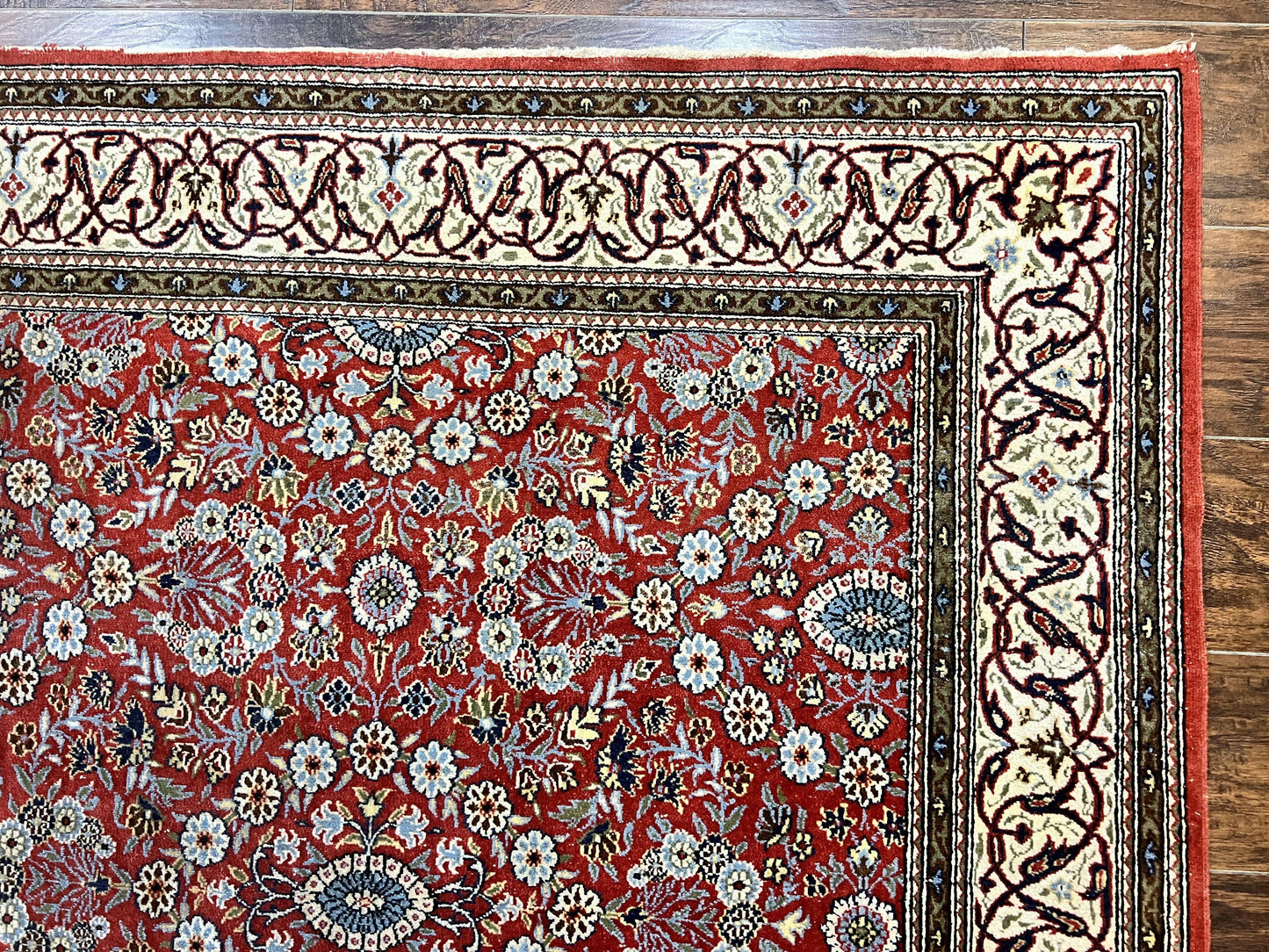 USED Red Persian Qum Rug 5 x 7.6, Hand Knotted Vintage Wool Fine Carpet 270 KPSI, Floral Allover