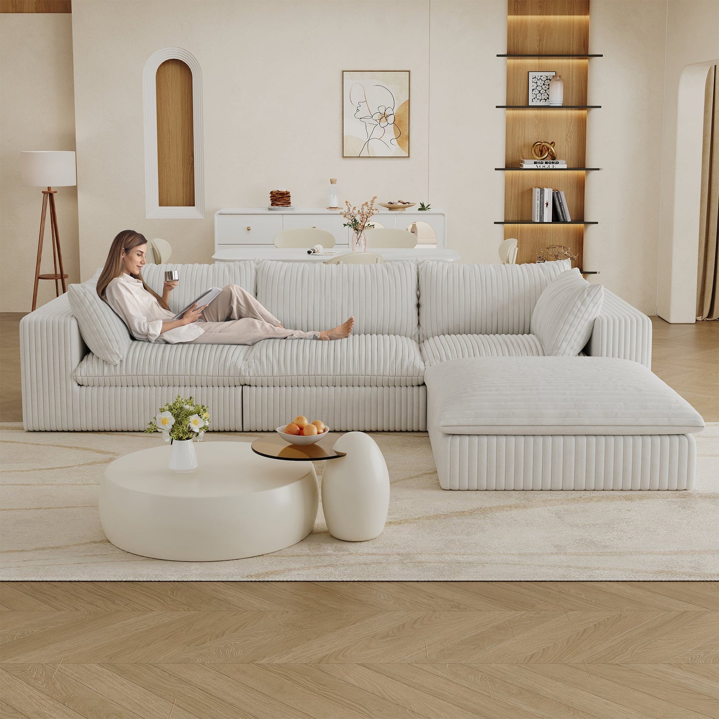 NEW 118.2' Cloud White Corduroy Fabric Deep Seat Double-Layer Design Couch Sofa with Removable Cushion