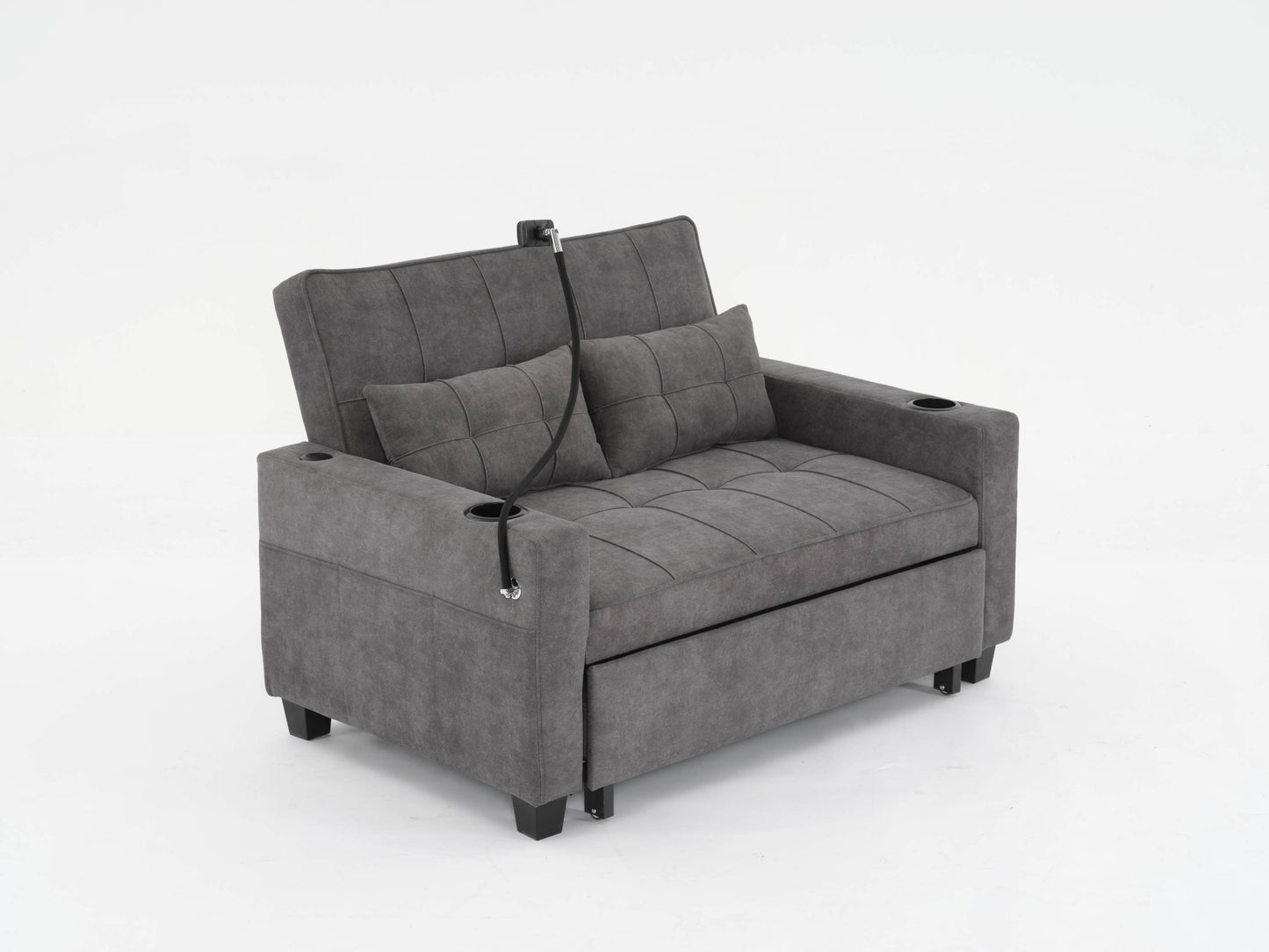 NEW Dark Grey Cloth Fabric 2 Seater Loveseat Recliner Sofa Bed with Adjustable Backrest USB and Cupholders