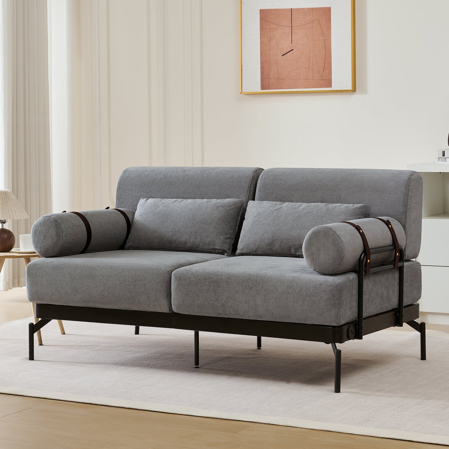 NEW Modern Grey Chenille 2 Seater Loveseat 59' Sofa Couch with USB Ports Unique Cylindrical Armrests