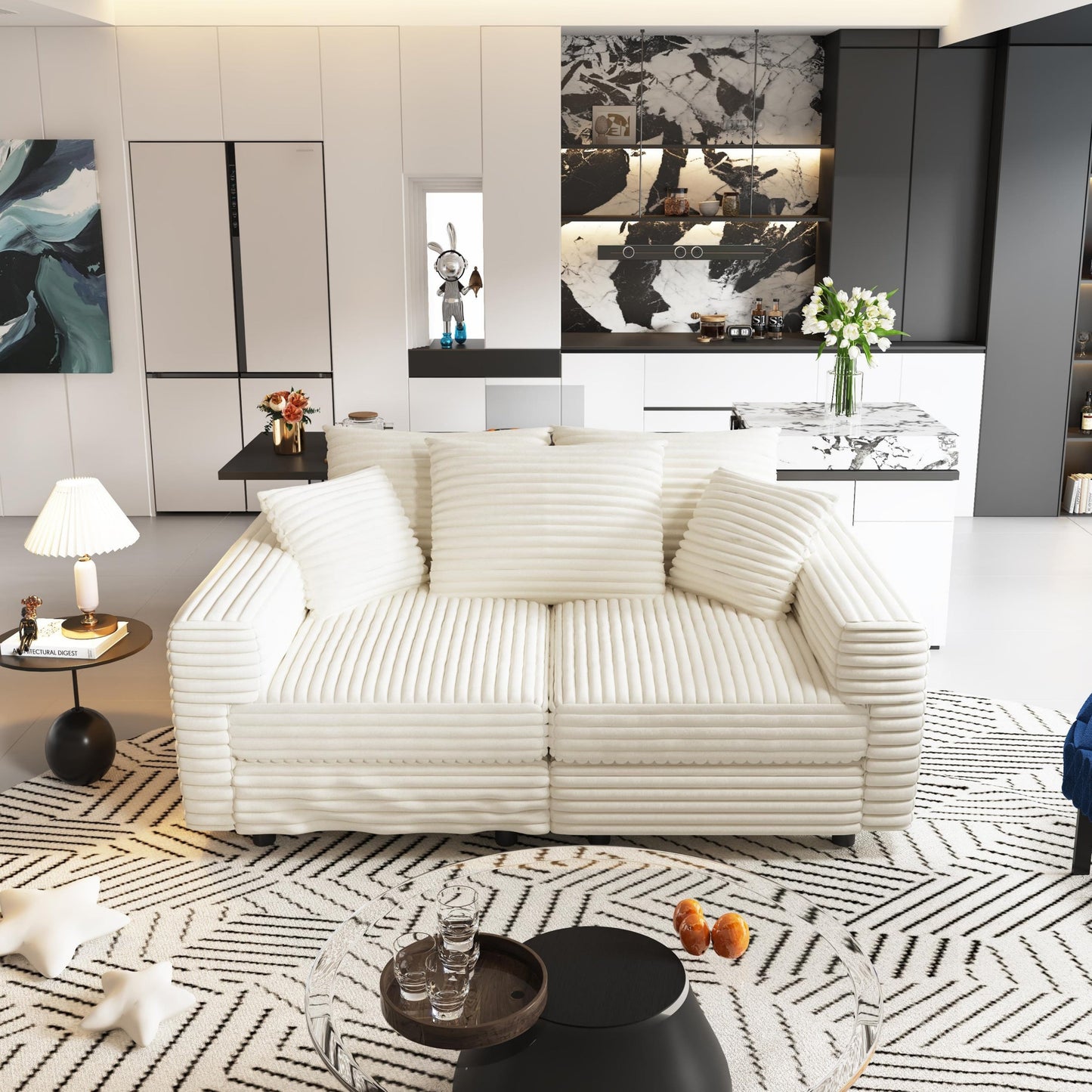 NEW 82.7 ' Plush Corduroy 3-Seat Sofa, Modern Comfy Upholstered Sofa Cloud Couch, Deep Seat Couches with Soft Pillows and 2 Ottomans, Convertible Sofa Lounge Chair, for Living Room,Apartment,Office,Beige