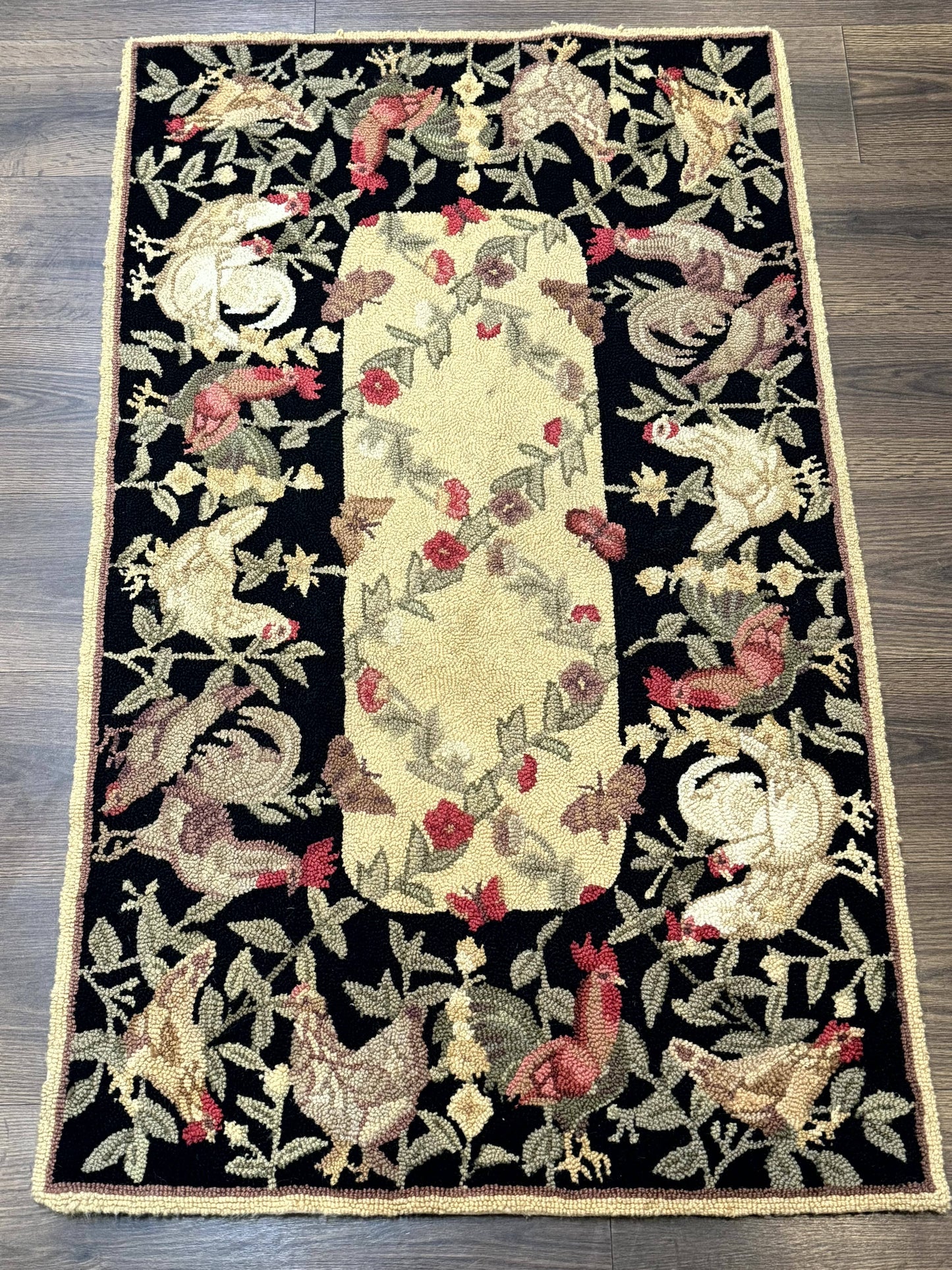 USED Small Vintage Hooked Rug, Roosters, Handmade, Wool