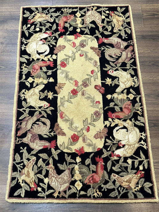 USED Small Vintage Hooked Rug, Roosters, Handmade, Wool