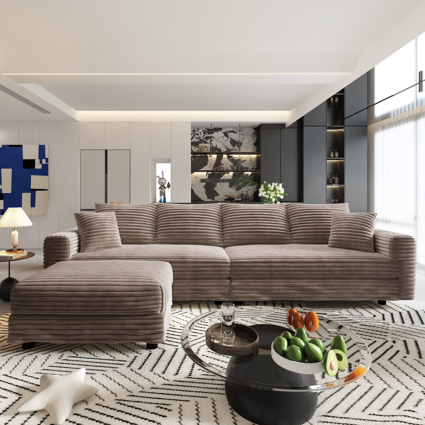 NEW 102.4' Modern Comfy Plush Upholstered Camel Corduroy 4-Seat Convertible Sofa Lounge Chair Comfy Upholstered Sofa Deep Seat Couch with Soft Pillows and Movable Ottoman