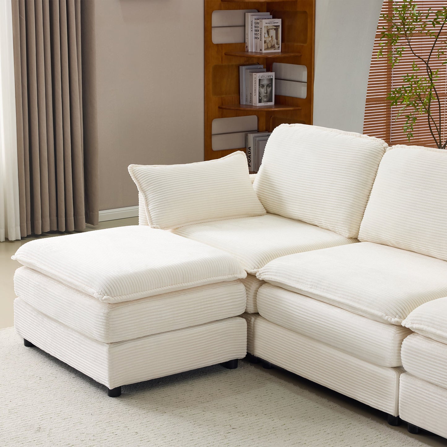 NEW 104' Plush Cloud Beige 3 Seater Modular Sofa + Ottoman with 22' Chenille Cushions and 2 Throw Pillows