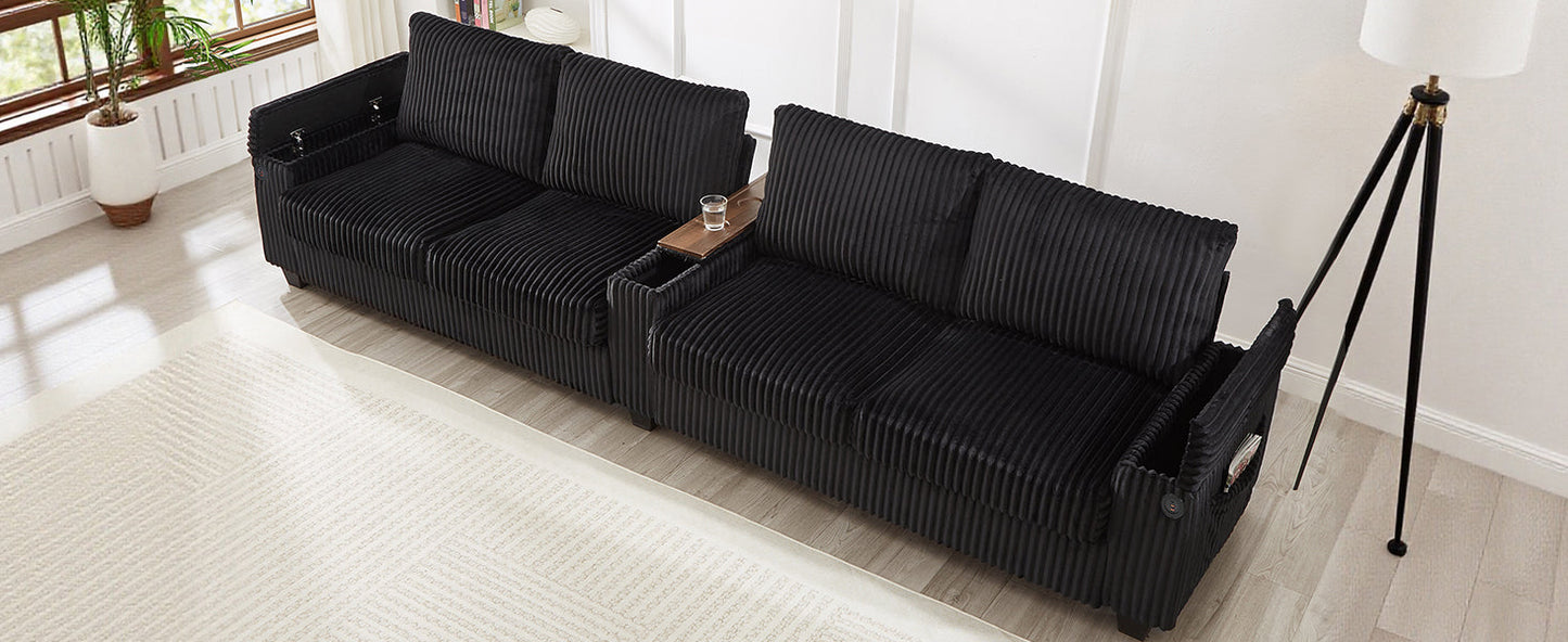 NEW Modern 4-Seater Black Corduroy Sofa Couch with USB Ports and Hidden Storage