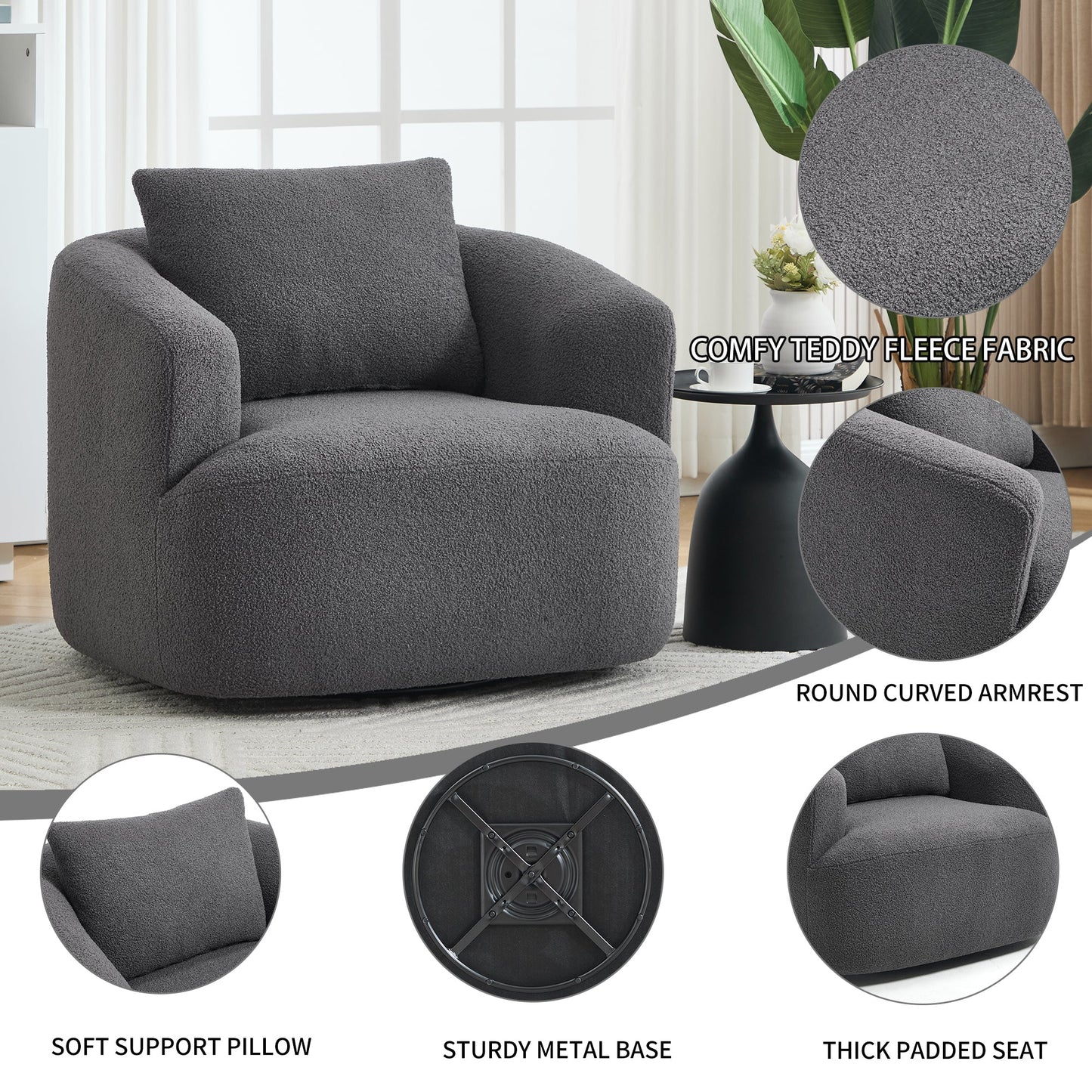 NEW 360° Swivel Round Upholstered Comfy Chair With One Soft Pillow, Teddy Fleece High-Resilience Sponge Single Sofa, No Assembly for Living Room, Bedroom, Apartment, Dark Grey.