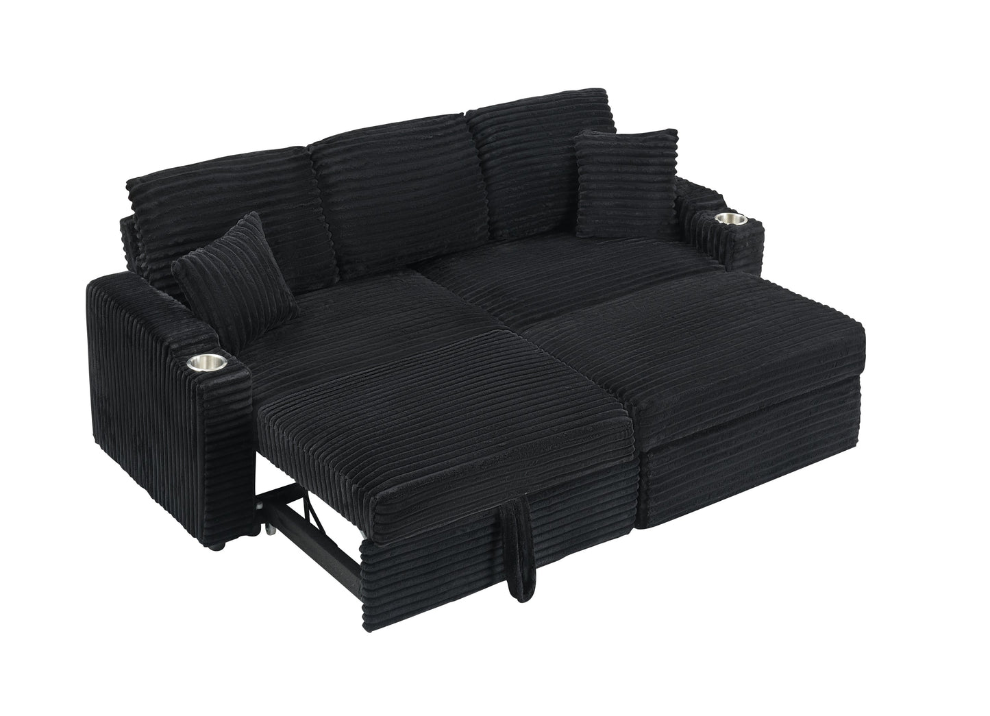 NEW 80' Corduroy Multi-Function Sofa with Hidden Reclining, Space Saving Design, Armrests, Cup Holders and Removable Footstool, Black